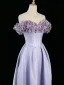 Chic / Beautiful Lavender Pearl Appliques Satin Prom Dresses 2024 A-Line / Princess Off-The-Shoulder Sleeveless Backless Floor-Length / Long Prom Formal Dresses