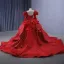 Vintage / Retro High-end Red Beading Lace Flower Appliques Cascading Ruffles Wedding Dresses 2024 Ball Gown Scoop Neck 3/4 Sleeve Backless Chapel Train
