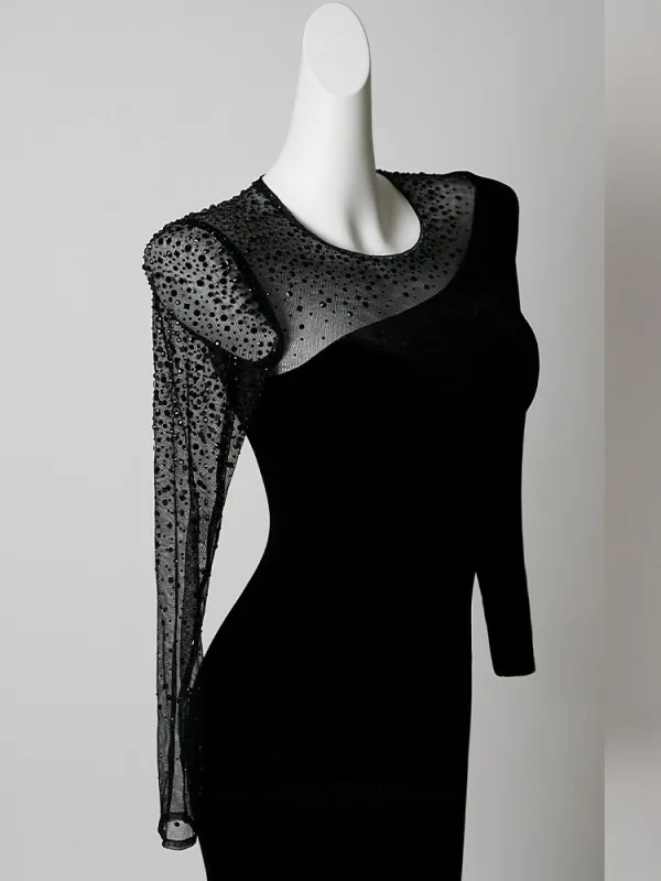 Sexy Black Beading Evening Dresses 2026 Trumpet / Mermaid Scoop Neck Long Sleeve Floor-Length / Long Formal Dresses