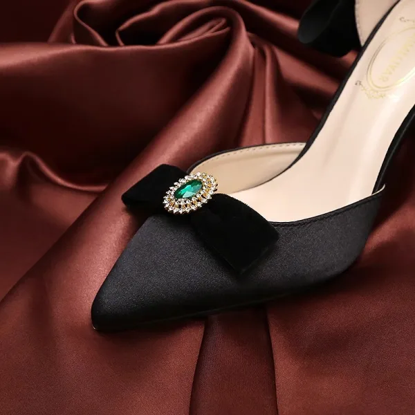 Vintage / Retro Black Rhinestone Bow Pumps 2024 Satin 9 cm Stiletto Heels Pointed Toe Pumps High Heels