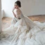 Charming Champagne Beading Sequins Rhinestone Prom Dresses 2024 Trumpet / Mermaid Off-The-Shoulder Short Sleeve Backless Sweep Train Prom Formal Dresses