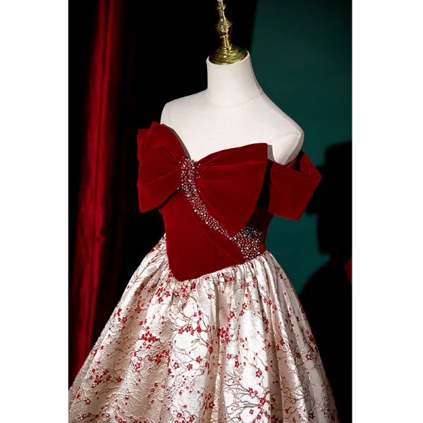 Fashion Burgundy Rhinestone Printing Evening Dresses 2023 A-Line / Princess Off-The-Shoulder Short Sleeve Backless Bow Floor-Length / Long Evening Party Formal Dresses