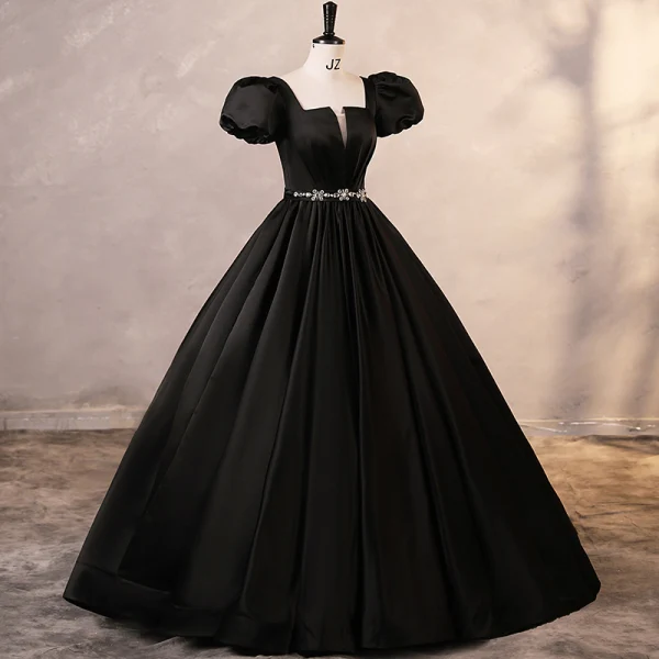 Elegant Burgundy Satin Prom Dresses 2023 Ball Gown Square Neckline Puffy Short Sleeve Backless Rhinestone Sash Floor-Length / Long Prom Formal Dresses