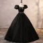 Elegant Burgundy Satin Prom Dresses 2023 Ball Gown Square Neckline Puffy Short Sleeve Backless Rhinestone Sash Floor-Length / Long Prom Formal Dresses