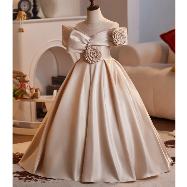 Elegant Champagne Pearl Flower Birthday Flower Girl Dresses 2025 Ball Gown Scoop Neck Short Sleeve Backless Floor-Length / Long