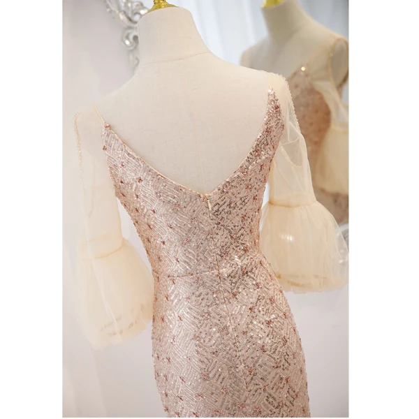 Scintillantes Doré Paillettes Robe De Soirée 2023 Trompette / Sirène V-Cou 1/2 Manches Dos Nu Train De Balayage Soirée Robe De Ceremonie