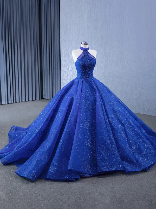High-end Ocean Blue Handmade  Beading Pearl Sequins Lace Flower Chapel Train Prom Dresses 2024 Ball Gown Halter Sleeveless Backless Prom