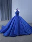 High-end Ocean Blue Handmade  Beading Pearl Sequins Lace Flower Chapel Train Prom Dresses 2024 Ball Gown Halter Sleeveless Backless Prom