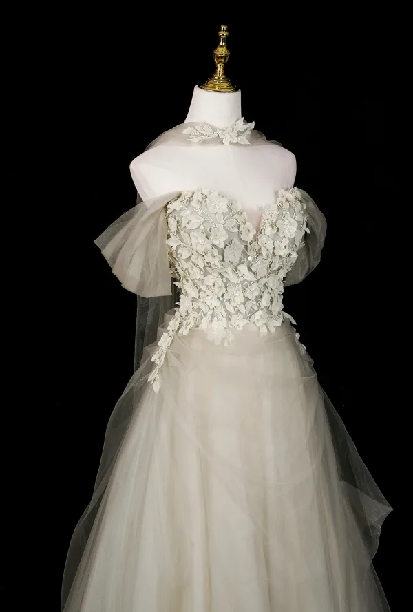Chic / Belle Vert Cendré Perlage Paillettes Appliques Robe De Bal 2026 Princesse De l'épaule Manches Courtes Dos Nu Longue Robe De Ceremonie