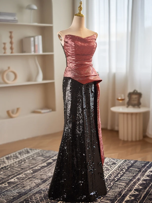 Bling Bling Watermelon Rouge Paillettes Robe De Soirée 2024 Trompette / Sirène Bustier Sans Manches Dos Nu Longue Soirée Robe De Ceremonie