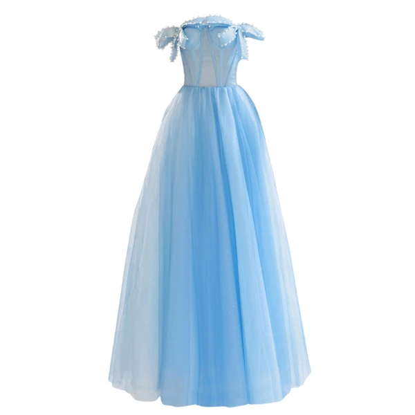 Elegante Blau Ballkleider 2022 A Linie Schleife Off Shoulder Ärmellos Rückenfreies Perle Lange Festliche Kleider