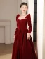 Elegant Burgundy Winter Suede Prom Dresses 2023 A-Line / Princess Square Neckline Rhinestone Long Sleeve Backless Bow Floor-Length / Long Prom Formal Dresses