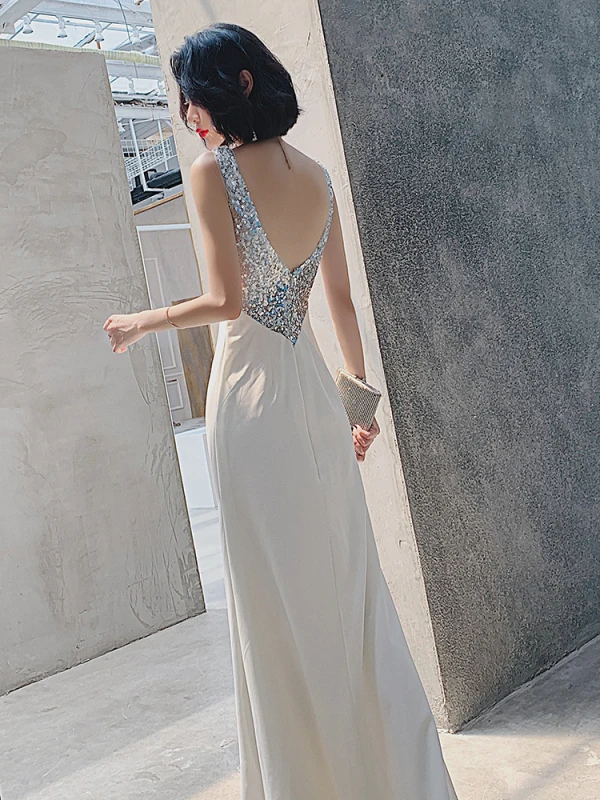 Charming Ivory Sequins Evening Dresses 2022 Trumpet / Mermaid Square Neckline Sleeveless Backless Floor-Length / Long Evening Party Formal Dresses