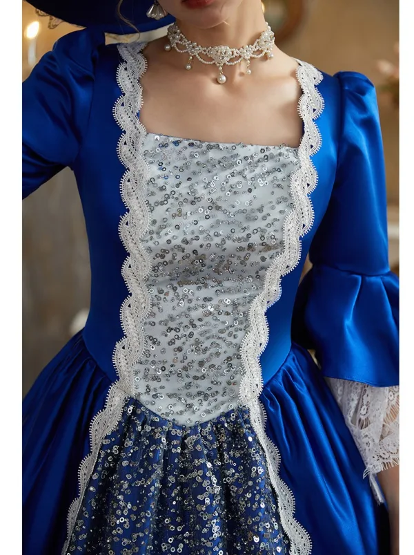 Vintage / Retro Medieval Royal Blue Beading Sequins Lace Flower Prom Dresses 2024 Ball Gown Square Neckline Bell sleeves Floor-Length / Long Prom Formal Dresses