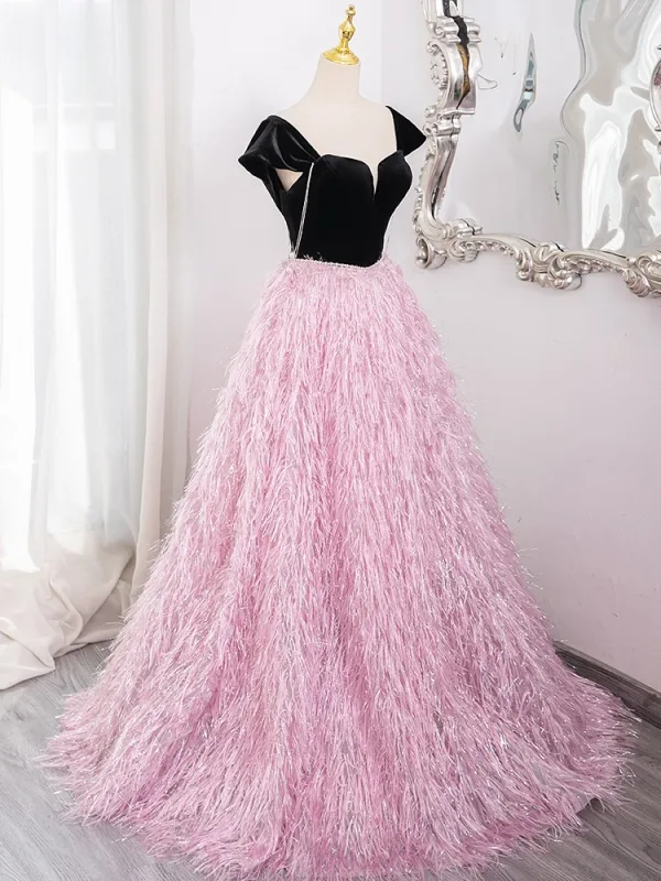 Chic / Beautiful Candy Pink Tassel Prom Dresses 2024 Ball Gown Square Neckline Short Sleeve Backless Floor-Length / Long Prom Formal Dresses