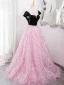 Chic / Beautiful Candy Pink Tassel Prom Dresses 2024 Ball Gown Square Neckline Short Sleeve Backless Floor-Length / Long Prom Formal Dresses