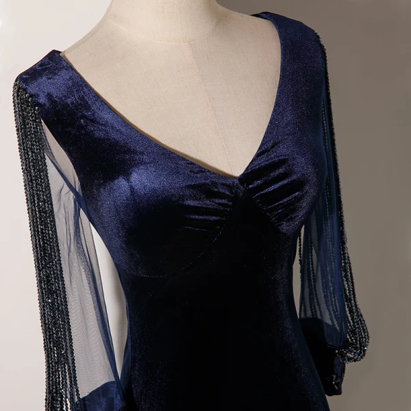 Elegant Navy Blue Suede Evening Dresses 2022 Trumpet / Mermaid V-Neck Beading Tassel Long Sleeve Floor-Length / Long Evening Party Formal Dresses