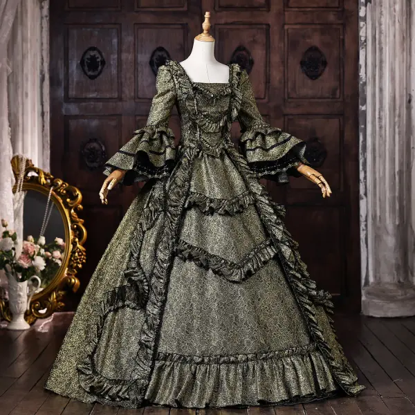 Vintage / Retro Medieval Dark Green Prom Dresses 2026 Ball Gown Square Neckline Bell sleeves Floor-Length / Long Formal Dresses