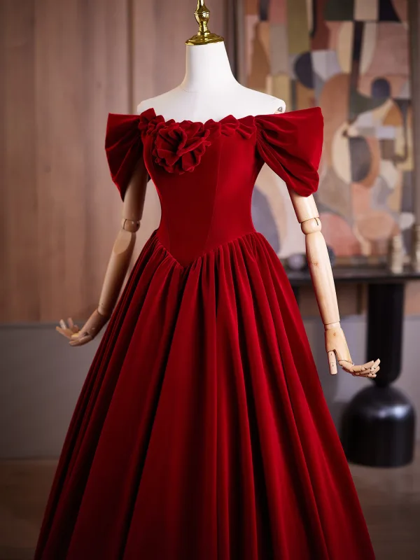Vintage / Retro Burgundy Velvet Prom Dresses 2025 A-Line / Princess Off-The-Shoulder Short Sleeve Backless Floor-Length / Long Prom Formal Dresses