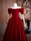 Vintage / Retro Burgundy Velvet Prom Dresses 2025 A-Line / Princess Off-The-Shoulder Short Sleeve Backless Floor-Length / Long Prom Formal Dresses