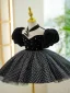 Audrey Hepburn Style Black Birthday Pearl Spotted Flower Girl Dresses 2023 Ball Gown High Neck Puffy Short Sleeve Short
