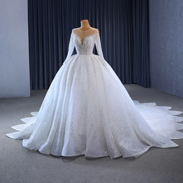 Luxury / Gorgeous White Handmade Beading Rhinestone Wedding Dresses 2023 Ball Gown Scoop Neck Long Sleeve Backless Royal Train Wedding