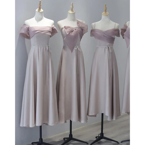 Modest / Simple Blushing Pink Satin Bridesmaid Dresses 2023 A-Line / Princess Off-The-Shoulder Sleeveless Backless Pearl Bow Sash Tea-length Bridesmaid Dresses