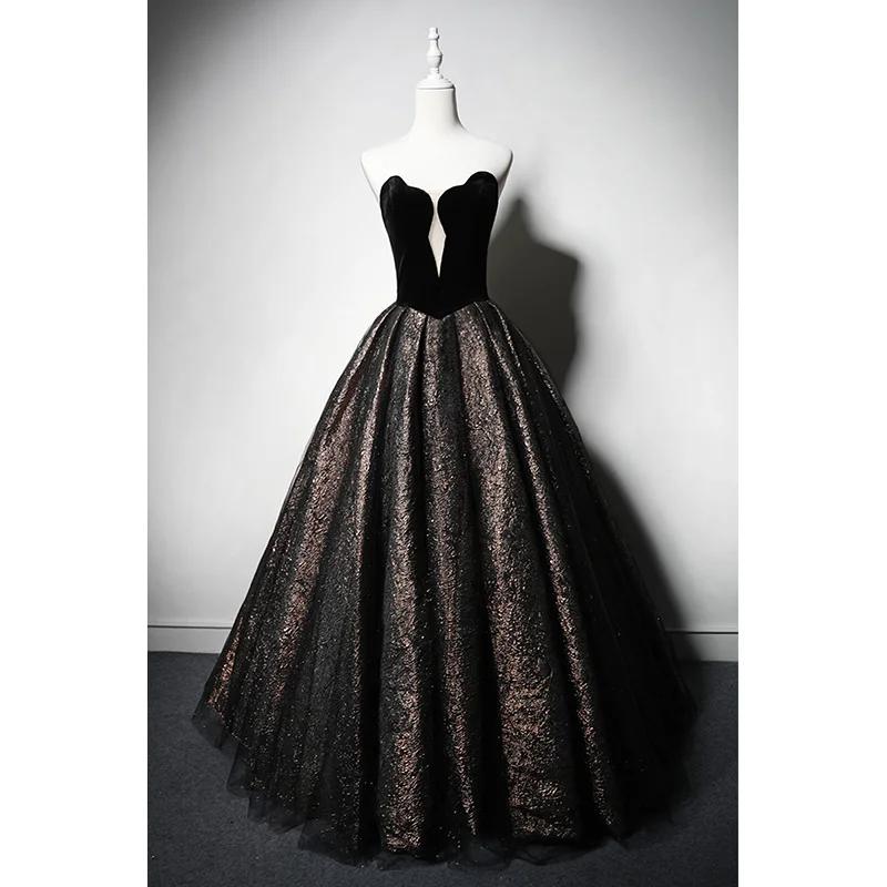 Vintage Retro Black Glitter Prom Dresses 2023 Ball Gown Strapless Sleeveless Backless