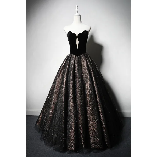 Vintage / Retro Black Glitter Prom Dresses 2023 Ball Gown Strapless Sleeveless Backless Floor-Length / Long Prom Formal Dresses