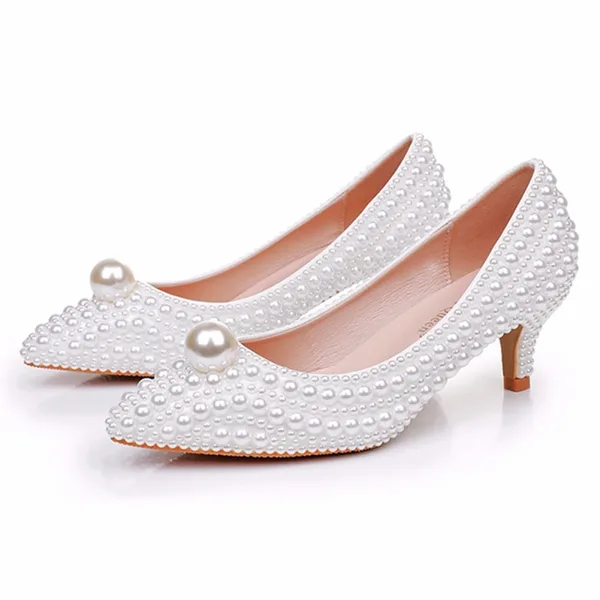 Elegante Witte Parel Bruidsschoenen 2025 5 cm Naaldhakken / Stiletto Spitse Neus Huwelijk Pumps Hoge Hakken