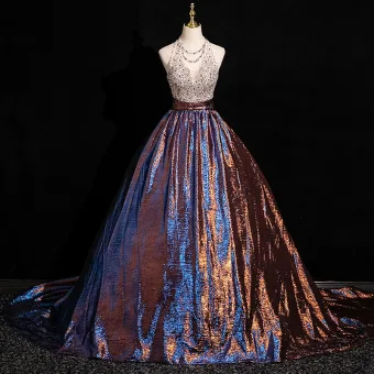 Encantador Café Glitter Rhinestone Lentejuelas Vestidos De Gala 2024 Ball Gown Halter Sin Mangas Sin Espalda Largos Gala Vestidos Formales