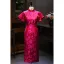 Chinese style Fuchsia Printing Tea-length Silk Evening Party Cheongsam 2026 Trumpet / Mermaid High Neck Short Sleeve