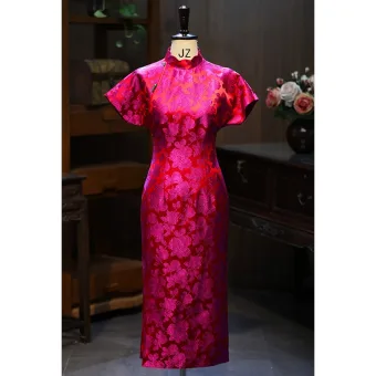 Chinesischer Stil Fuchsie Drucken Wadenlang Seide Abend Cheongsam 2026 Meerjungfrau Stehkragen Kurze Ärmel