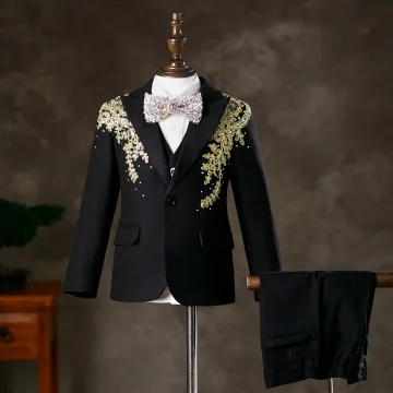 Fashion Black 6 Piece Rhinestone Lace Flower Boys Wedding Suits 2025 Long Sleeve Body Jewellery Coat Pants Shirt Tie Vest