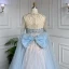 Haut de Gamme Bleu Ciel Fait main Perlage Paillettes Robe De Soirée 2023 Princesse Encolure Dégagée Manches Longues Noeud Soirée Train De Balayage Robe De Ceremonie