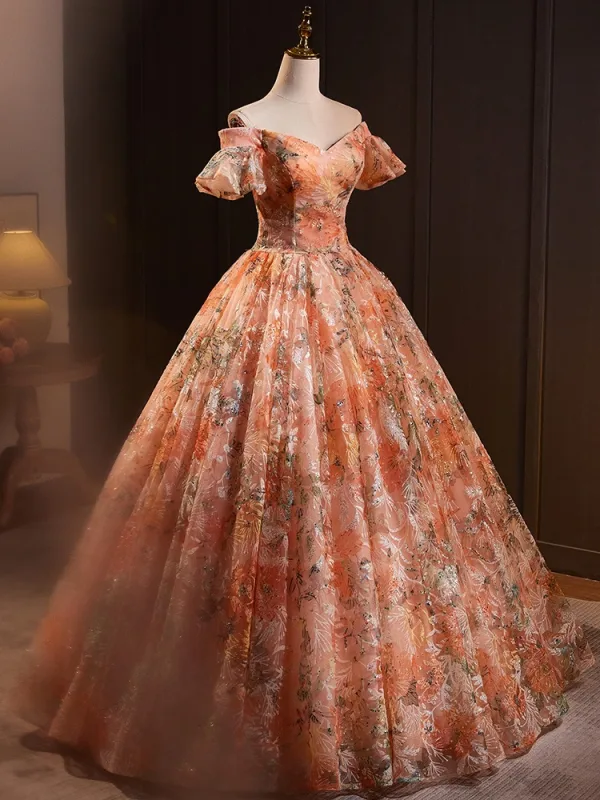 Chic / Beautiful Orange Sequins Prom Dresses 2024 Ball Gown Off-The-Shoulder Short Sleeve Backless Floor-Length / Long Prom Formal Dresses