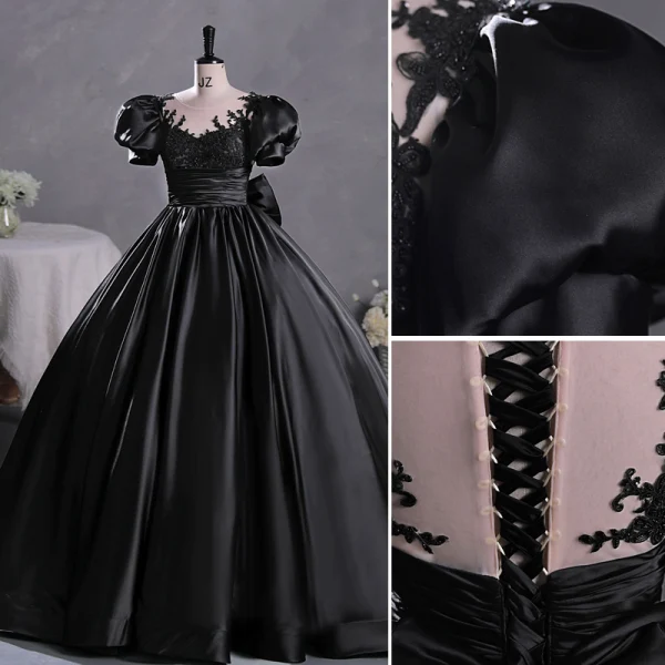Vintage Schwarz Perlenstickerei Spitze Blumen Satin Ballkleider 2023 Ballkleid Rundhalsausschnitt Kurze Ärmel Schleife Lange Ball Festliche Kleider