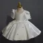 Chic / Beautiful White Appliques Bow Pearl Birthday Short Flower Girl Dresses 2025 Ball Gown Scoop Neck Short Sleeve