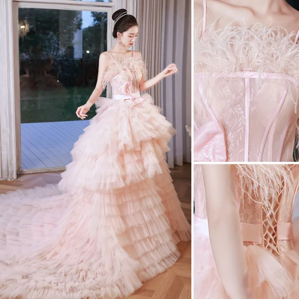 Charmant Rosa Fallende Rüsche Brautkleider / Hochzeitskleider 2023 Ballkleid Spaghettiträger Quaste Ärmellos Rückenfreies Schleife Stoffgürtel Kapelle-Schleppe Hochzeit