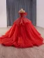 Luxury / Gorgeous Red Glitter Handmade  Beading Sequins Wedding Dresses 2025 Ball Gown Spaghetti Straps Short Sleeve Backless Chapel Train Wedding