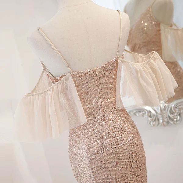 Scintillantes Sexy Champagne Paillettes Robe De Soirée 2022 Trompette / Sirène Bretelles Spaghetti Gonflée Manches Courtes Dos Nu Longue Soirée Robe De Ceremonie
