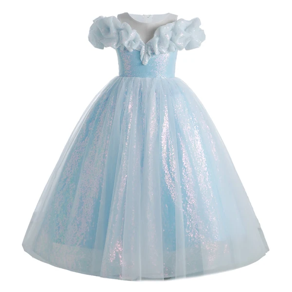 Chic / Beautiful Sky Blue Sequins Birthday Flower Girl Dresses 2024 A-Line / Princess Scoop Neck Ruffle Short Sleeve Floor-Length / Long