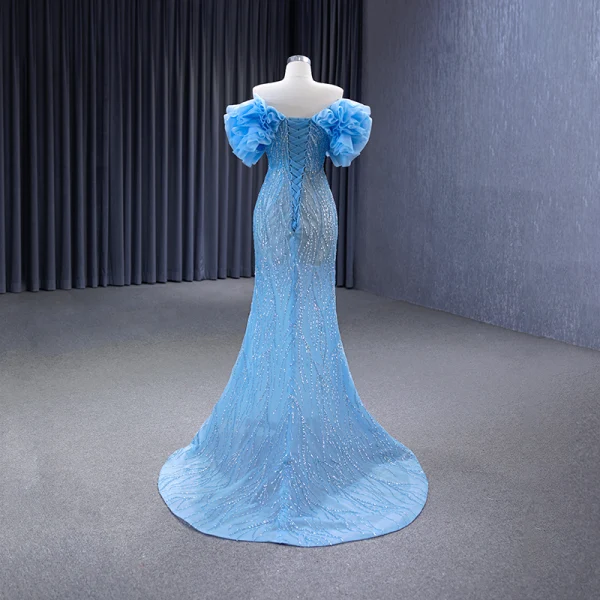 High-end Sparkly Sky Blue Glitter Sequins Prom Dresses 2023 Trumpet / Mermaid Off-The-Shoulder Ruffle Short Sleeve Backless Sweep Train Prom Formal Dresses