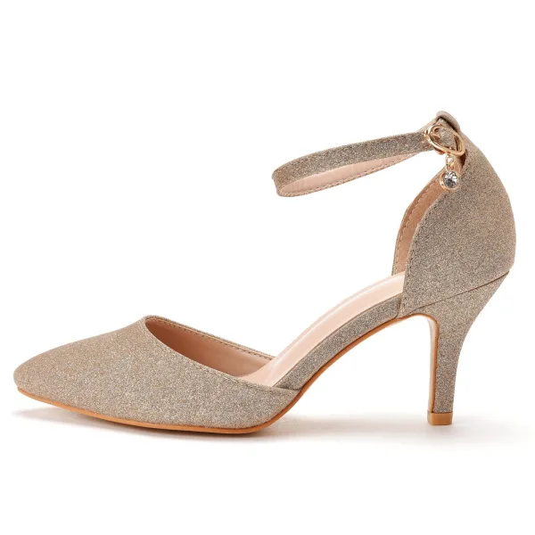 Charming Gold Sequins Prom Womens Shoes 2022 Ankle Strap 7 cm Stiletto Heels Pointed Toe Womens Shoes High Heels