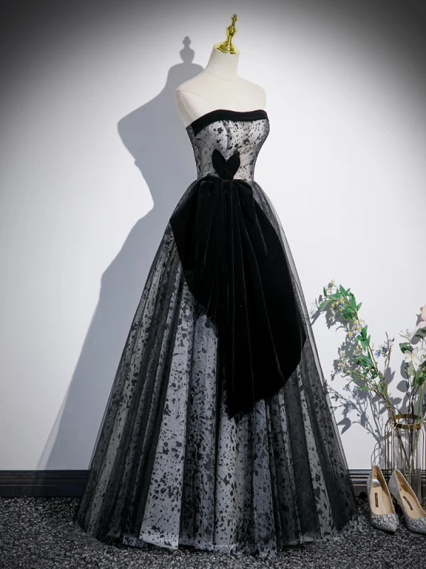 Chic / Beautiful Black Spotted Prom Dresses 2023 Ball Gown Strapless Sleeveless Backless Floor-Length / Long Formal Dresses