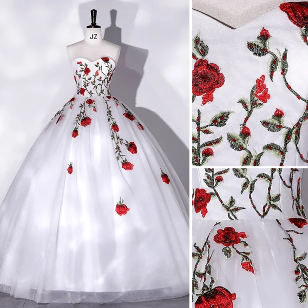 Elegant White Lace Flower Prom Dresses 2022 Ball Gown Strapless Sleeveless Backless Floor-Length / Long Prom Formal Dresses