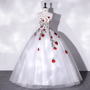 Elegantes Blanco Con Encaje Flor Vestidos De Gala 2022 Ball Gown Sin Tirantes Sin Mangas Sin Espalda Largos Gala Vestidos Formales