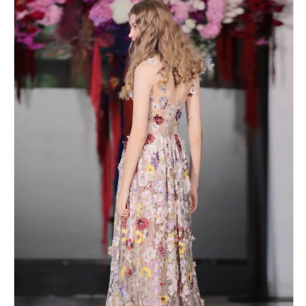 Flower Fairy Beige Floral Appliques Outdoor / Garden Prom Dresses 2022 A-Line / Princess Spaghetti Straps Sleeveless Backless Floor-Length / Long Formal Dresses