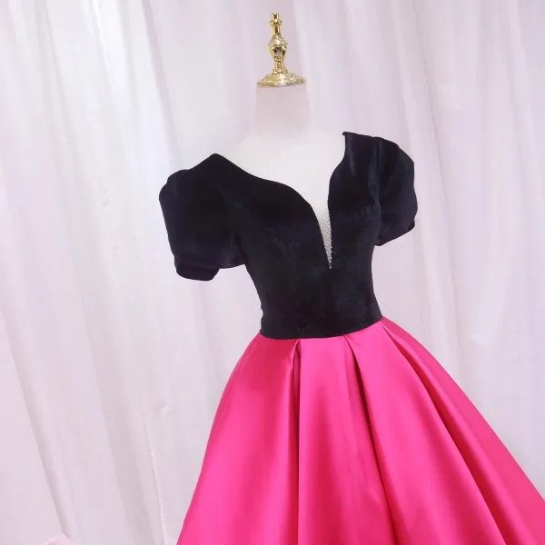 Vintage / Retro Ethnic Fuchsia Beading Prom Dresses 2024 Ball Gown Scoop Neck Floor-Length / Long Polyester Backless Prom Short Sleeve Formal Dresses