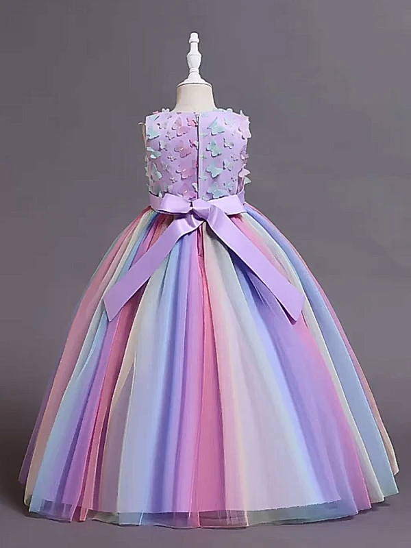 Chic / Beautiful Blushing Pink Butterfly Appliques Rainbow Birthday Flower Girl Dresses 2024 Ball Gown Scoop Neck Sleeveless Bow Sash Floor-Length / Long